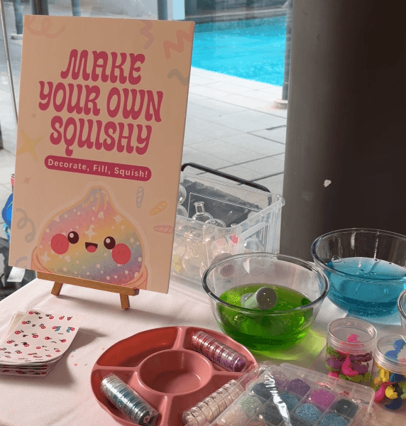 Make your own squishy station with a dumpling sign, colourful filling bowls and decorating materials